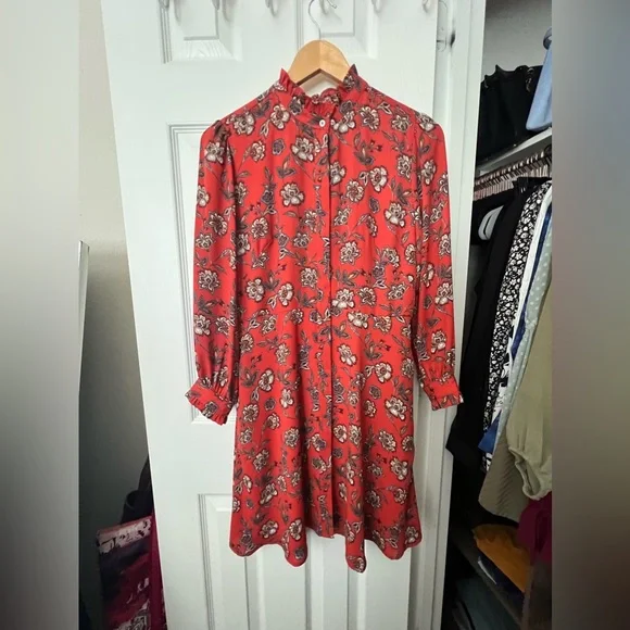 Loft Floral Ruffle Trim Shirtdress Size 2 Flamenco Red Women's